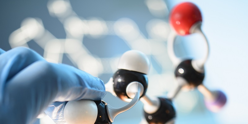 A scientist holding a molecule model